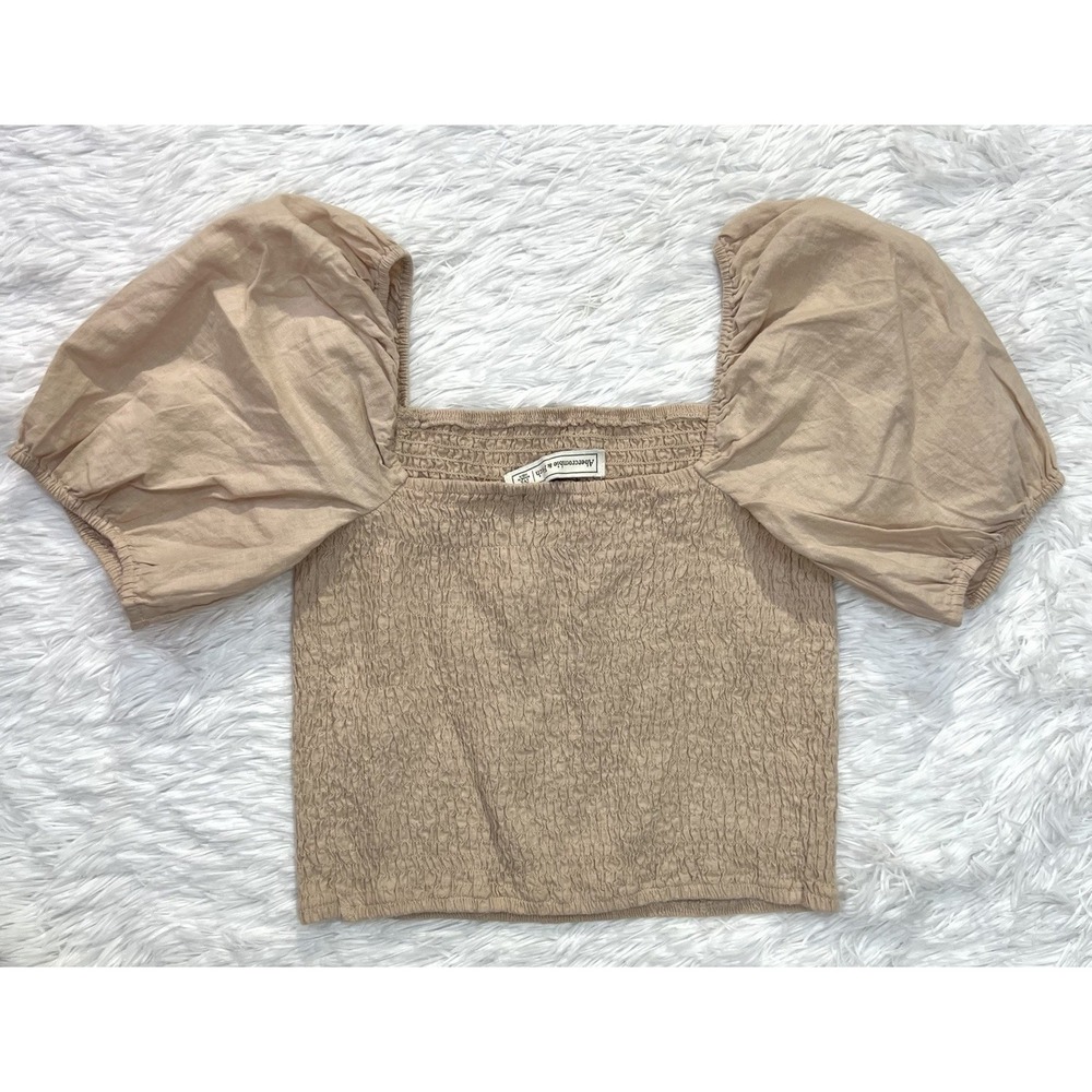 Abercrombie & Fitch - Tan Smocked Puff Sleeve Crop Top Blouse Medium M